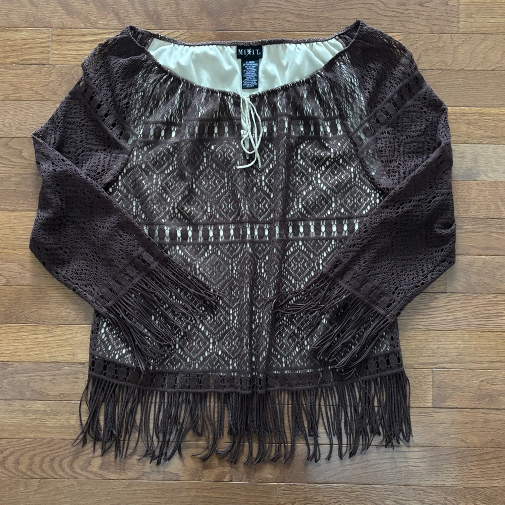 Vintage Brown Lace Tassel Hem Western Boho Top